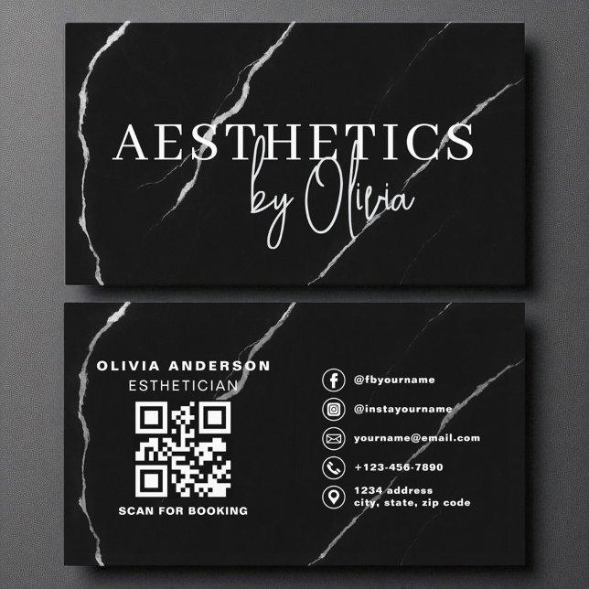 Skincare Esthetician QR Code Silver Black Marble Business Card (Creator Uploaded)
