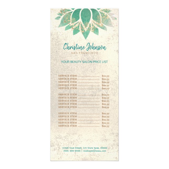 skincare esthetician teal lotus on faux foil rack card (Front)