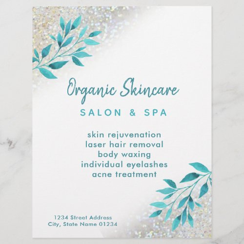 skincare faux glitter and teal foliage flyer