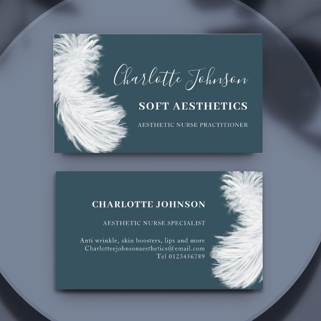 Skincare Health Professional Modern Blue Feather Business Card (Aesthetics nurse specialist professional soft feather illustration blue business card)