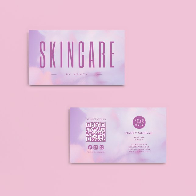 Skincare QR Code & Logo Purple Holographic  Business Card (Creator Uploaded)