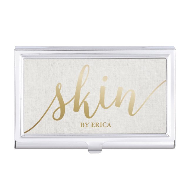 Skincare Salon Spa Esthetician Elegant Gold Script Business Card Holder (Front)