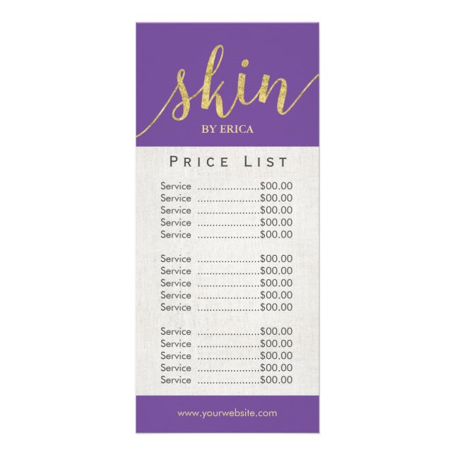 Skincare Salon Spa Esthetician Purple Price List Rack Card (Front)