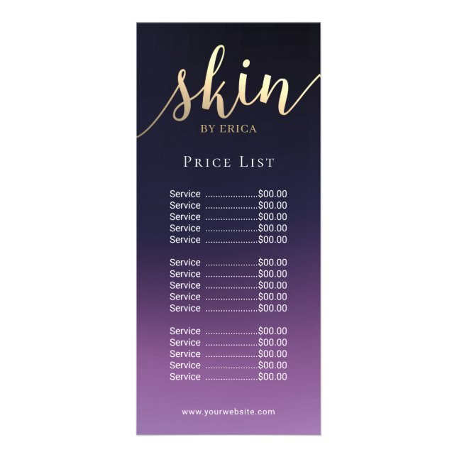 Skincare Salon Spa Esthetician Purple Price List Rack Card (Front)