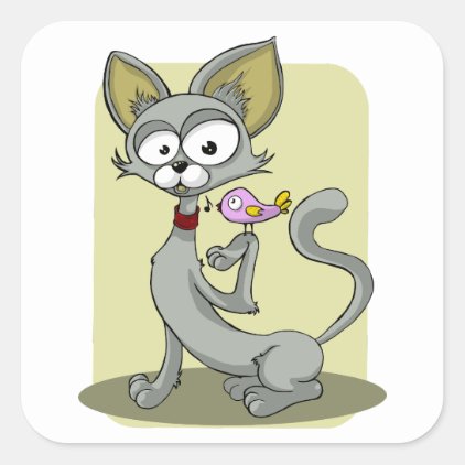 Skinny Cat and Pink Bird Square Sticker