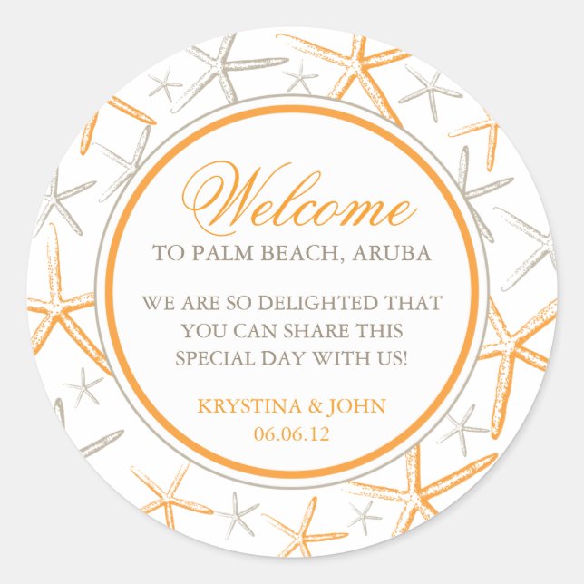 Skinny Finger Starfish Wedding Welcome Classic Round Sticker (Front)