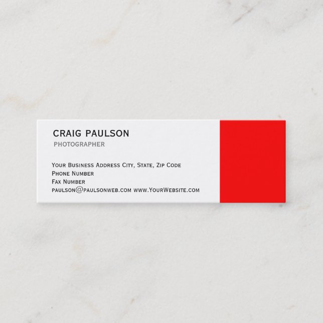 Skinny Modern Red White Black Business Card (Front)