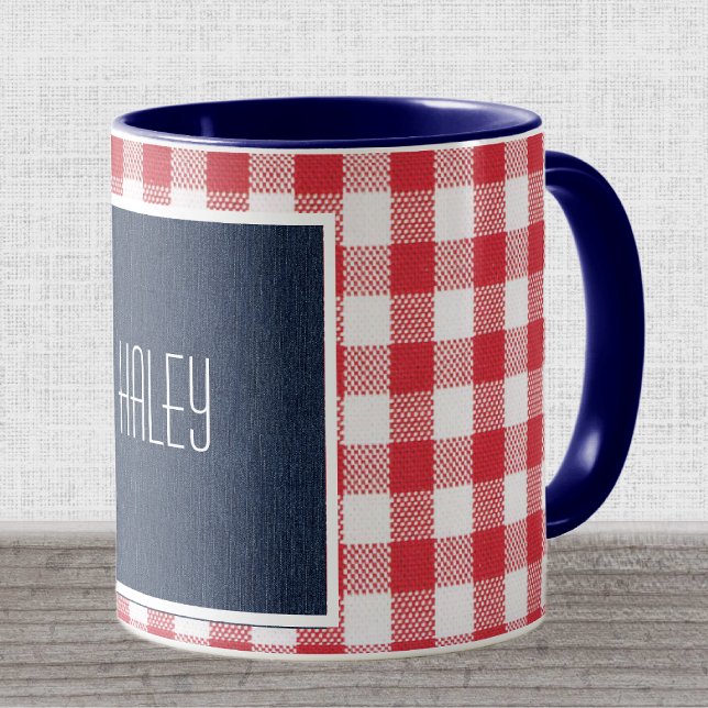Skinny Name Navy Blue Denim Red White Gingham Mug (Creator Uploaded)