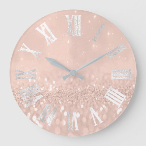 Skinny Peach Rose Glitter Metallic Roman Numers Large Clock