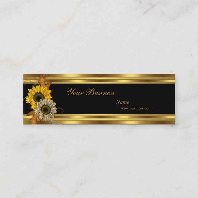 Skinny Sunflower Gold Black Elegant Classy 2 Mini Business Card (Front)