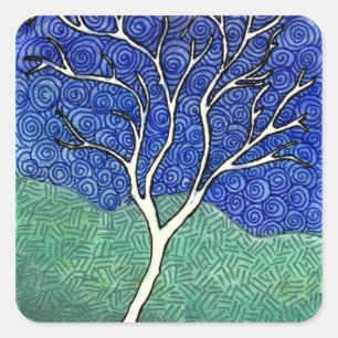 Skinny White Tree with Swirly Sky Square Sticker