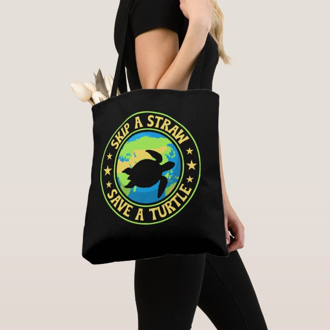Skip a Straw Save a Turtle - Eco Awareness Earth Tote Bag (Close Up)