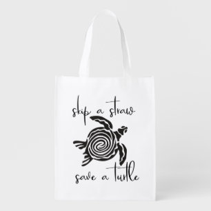 Skip a Straw Save a Turtle Ocean Pollution Grocery Bag