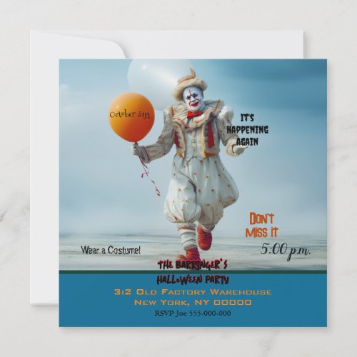 Skip Along Freaky Clown Halloween Costume Party Invitation