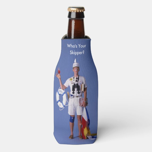Skip Sayles™_Who's Your Skipper?_Beverage Cozy Bottle Cooler (Bottle Front)
