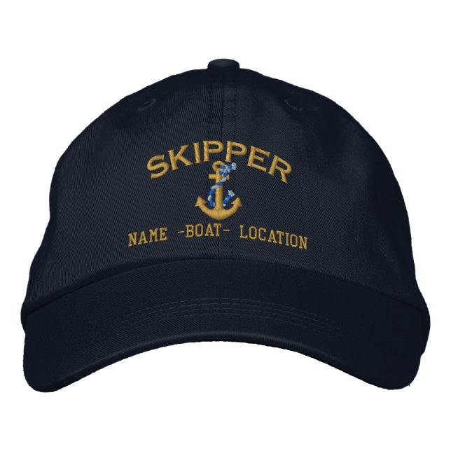 Skipper Golden Rope Anchor Your Boat Name or Both Embroidered Baseball Cap (Front)