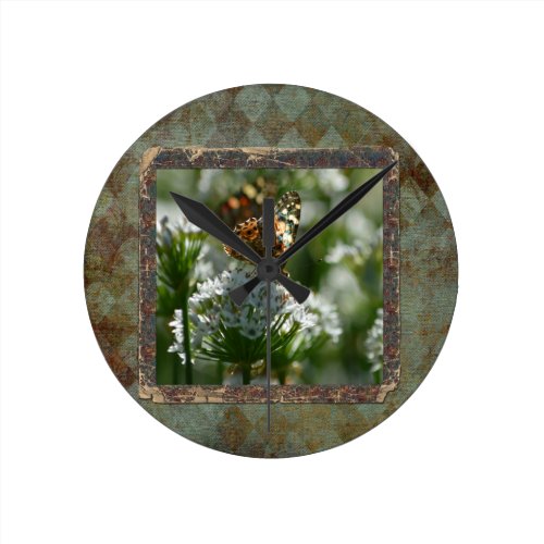 Skipper Moth on Chive Flowers, Rustic Frame Round Clock