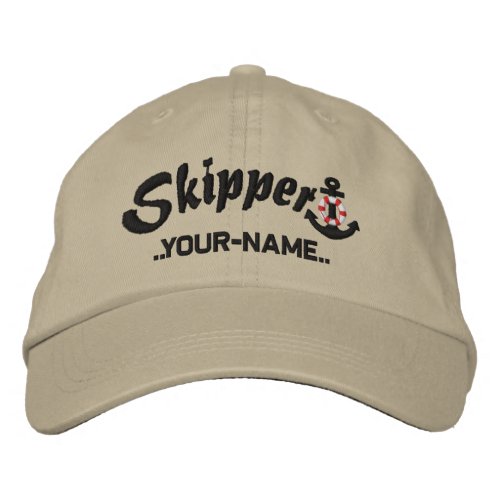 Skipper Personalize Your Name Black Anchor Embroidered Baseball Hat