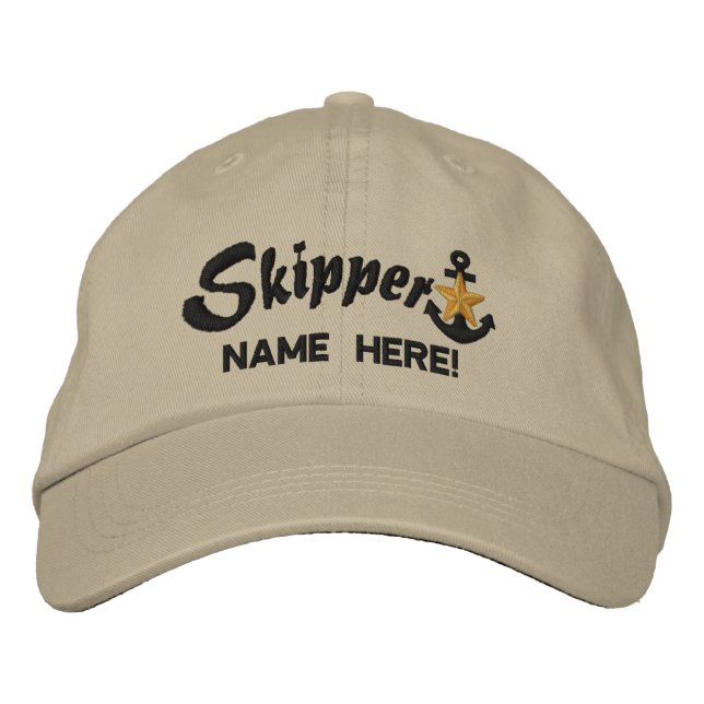 Skipper Personalize Your Name Gold Star Anchor Embroidered Baseball Cap (Front)