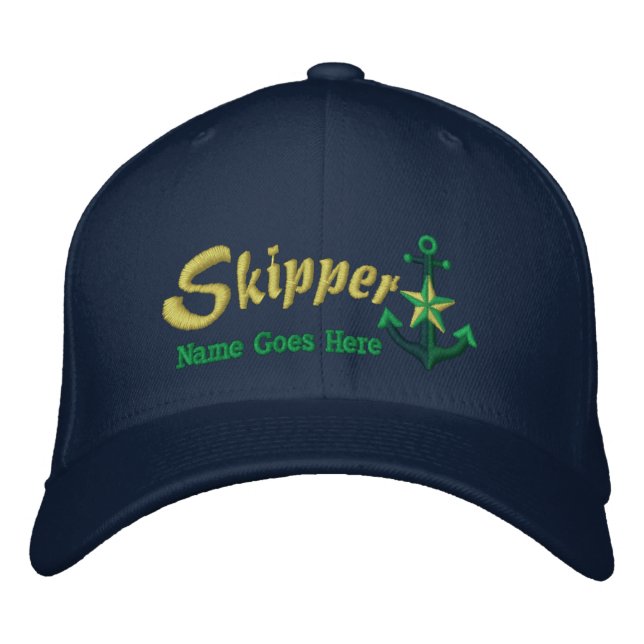 Skipper Your Name Large Star Anchor Embroidered Baseball Hat (Front)