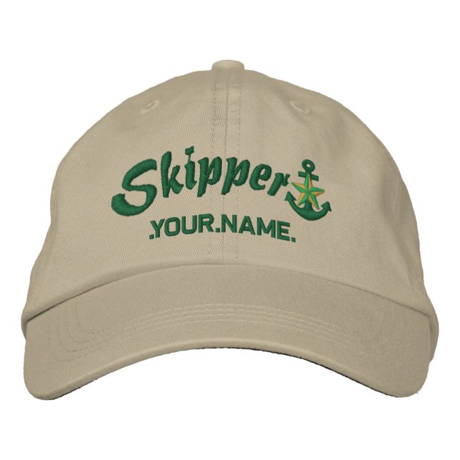 Skipper Your Name Star Anchor Embroidered Baseball Cap (Front)