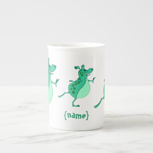 Skipping fun green alien bone china mug (Front)