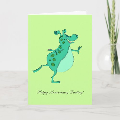 Skipping Green Alien _ Happy Anniversary Darling Card