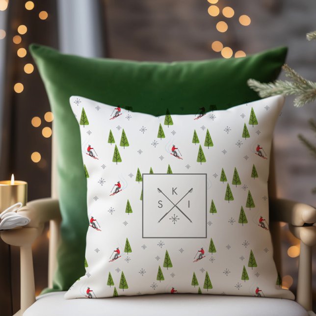 Skis and Pine Trees Poles Monogram Throw Pillow (Creator Uploaded)