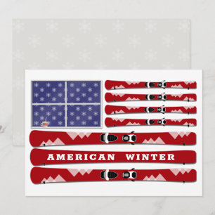 Skis and Snowflakes USA Flag for Winter Holiday Card