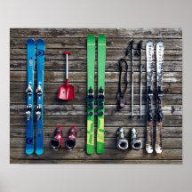 Skis, Boots, Skiing Equipment Hanging on Wall