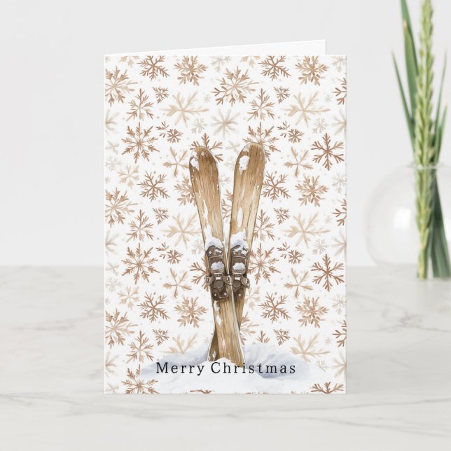 Skis Cream White Snowflakes Christmas   Card (Front)