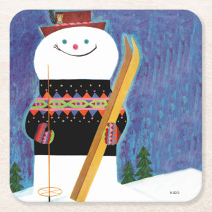 Skis for Snowman Square Paper Coaster