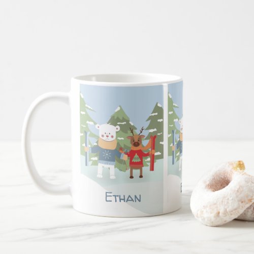 Skis polar bear and reindeer kid personalized mug