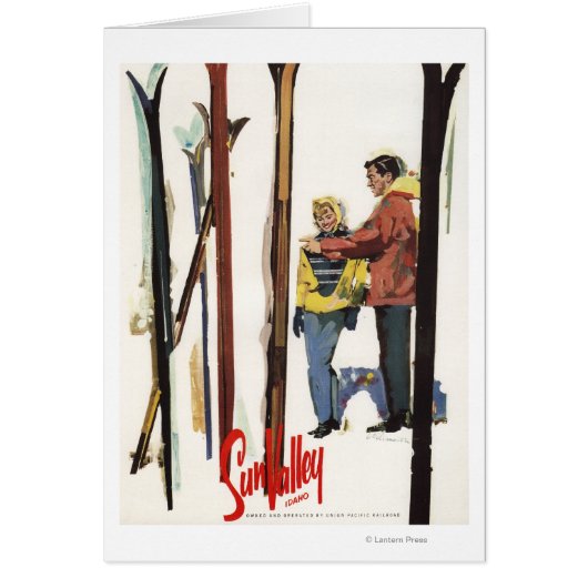 Skis Standing Up in Snow by Couple Poster Cards (Front)