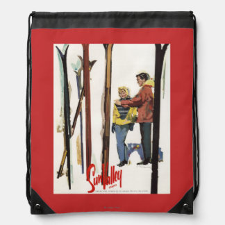 Skis Standing Up in Snow by Couple Poster Drawstring Bag