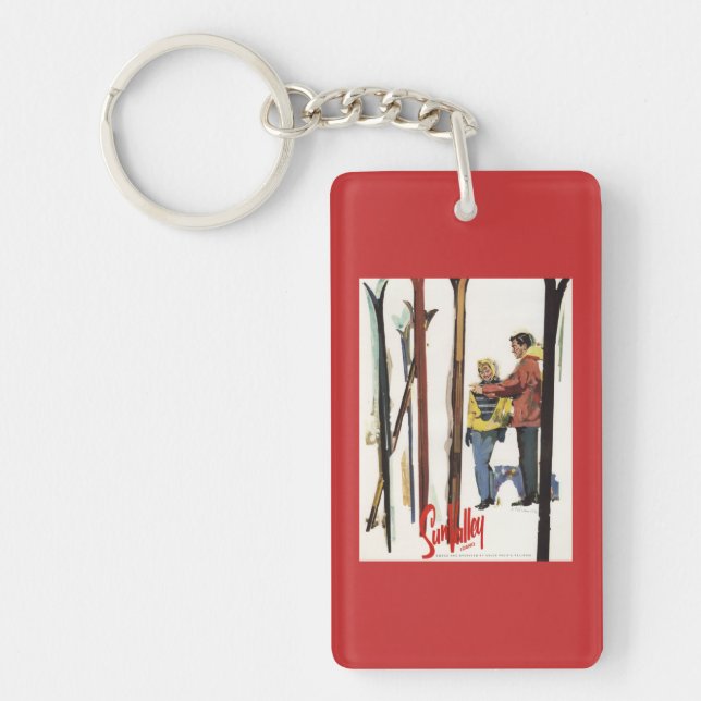 Skis Standing Up in Snow by Couple Poster Keychain (Front)