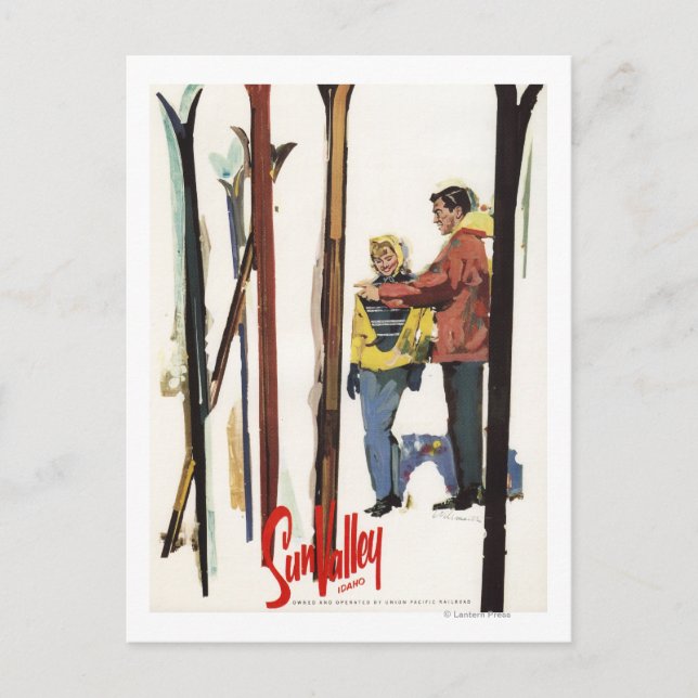 Skis Standing Up in Snow by Couple Poster Postcard (Front)