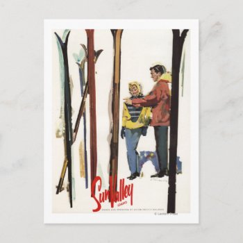 Skis Standing Up In Snow By Couple Poster Postcard by LanternPress at Zazzle