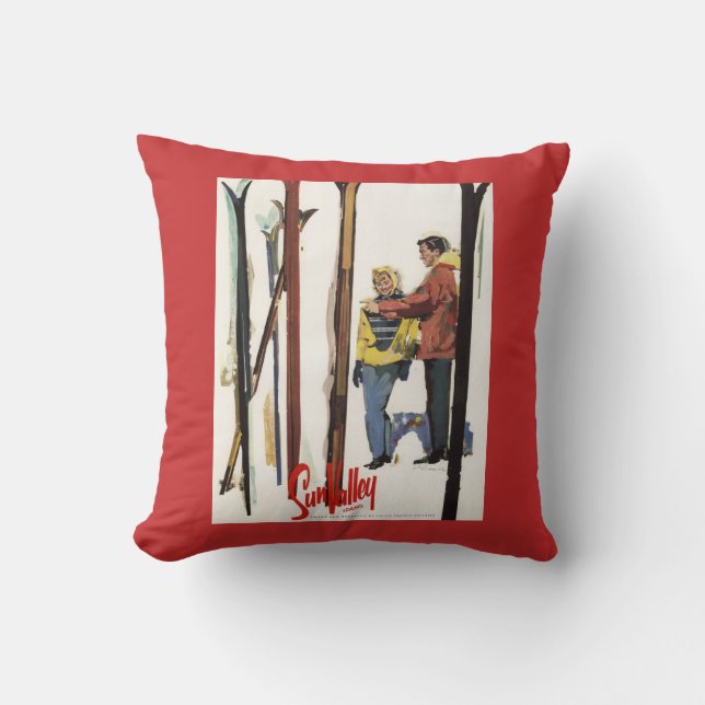 Skis Standing Up in Snow by Couple Poster Throw Pillow (Front)