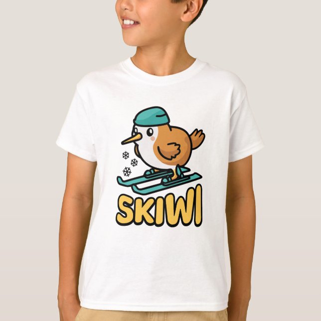 Skiwi! Cute Skiing Kiwi Pun T-Shirt (Front)