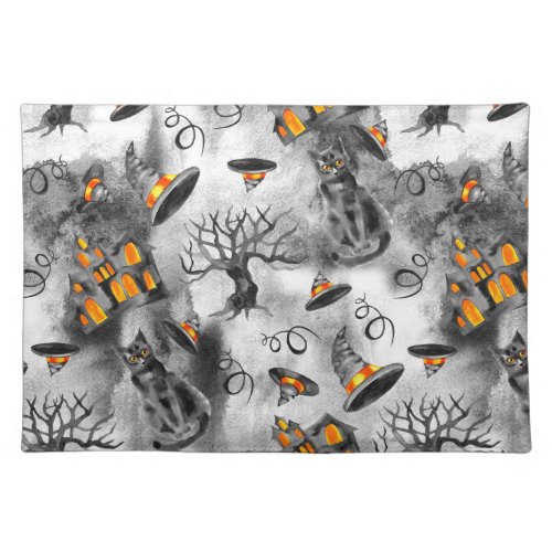 SKOOPY HALLOWEEN CATS HAUNTED HOUSE TREES  HATS CLOTH PLACEMAT