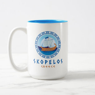 Skopelos, Greece Greek Ship Design Two-Tone Coffee Mug