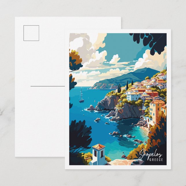 Skopelos Greece vintage travel illustration Postcard (Front/Back)