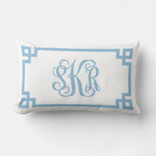 SKR Sky Blue Greek Key Script Monogram Lumbar Pillow