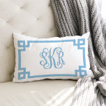 SKR Sky Blue Greek Key Script Monogram Lumbar Pillow<br><div class="desc">PLEASE CONTACT ME BEFORE ORDERING WITH YOUR MONOGRAM INITIALS IN THIS ORDER: FIRST, LAST, MIDDLE. I will customize your monogram and email you the link to order. Please do not purchase until I have sent you the link with your customized monogram. Cute girly preppy modern throw pillow with a geometric...</div>