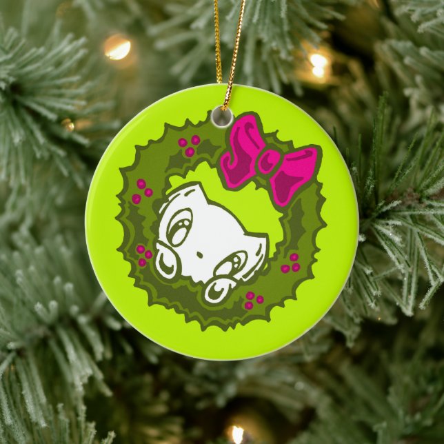 Skribbles the Cat: Christmas Wreath Ceramic Ornament (Tree)