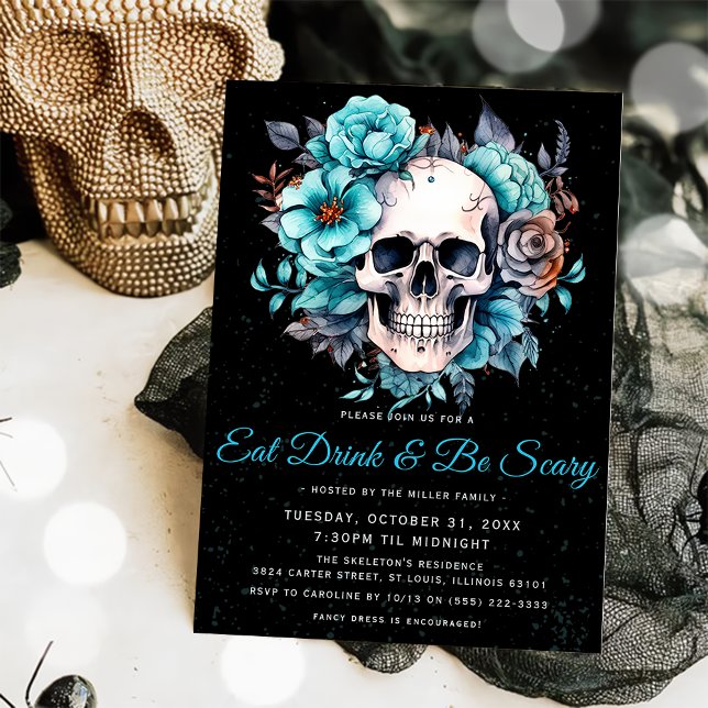 Skull Adult Eat Drink & Be Scary  Halloween Party Invitation (Creator Uploaded)