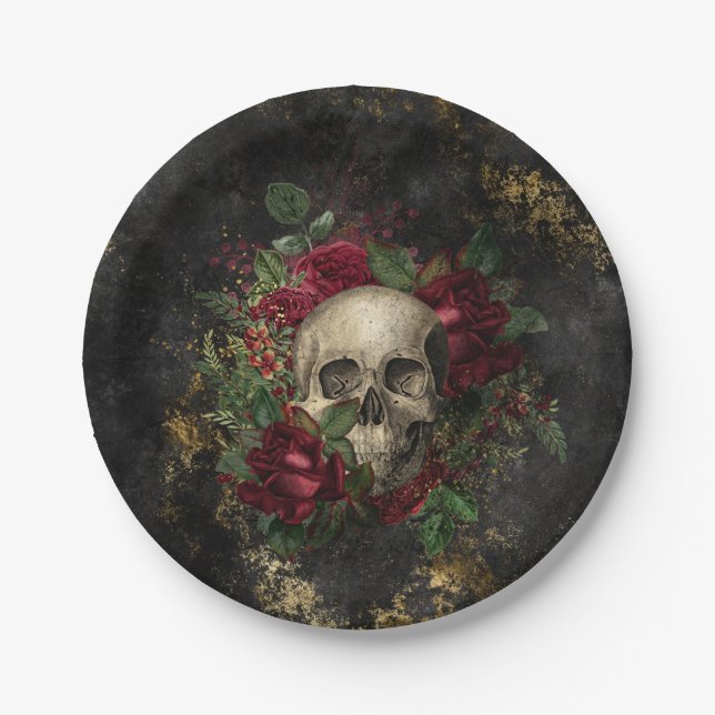 Skull Among Roses Gothic Grunge Paper Plates (Front)