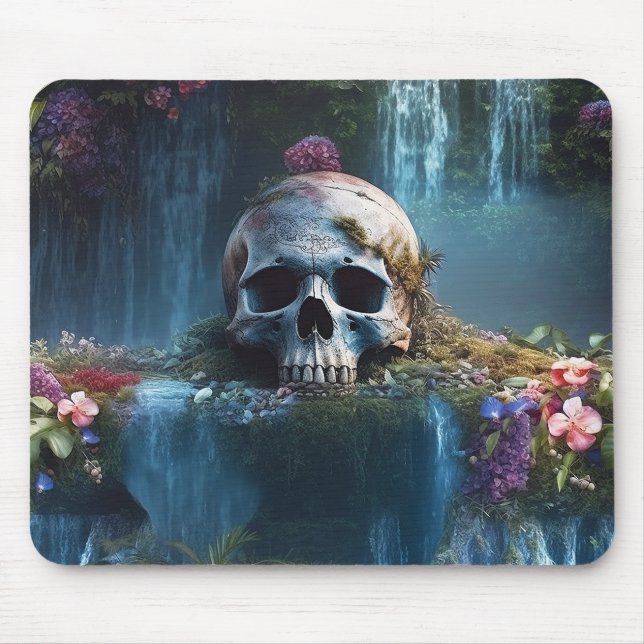 Skull among Waterfalls and Flowers Decoupage Mouse Pad (Front)