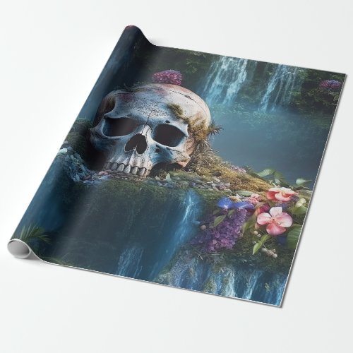 Skull among Waterfalls and Flowers Wrapping Paper